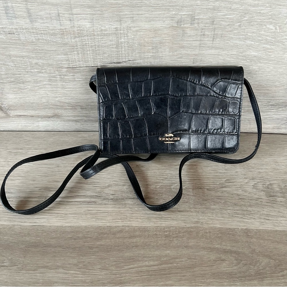 COACH F31862 Embossed Crocodile Leather Handbag Crossbody Bag - Black